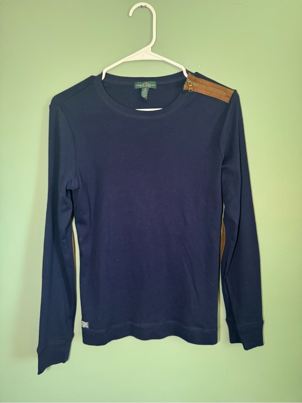 Ralph Lauren Navy Long-Sleeve Crewneck with Brown Shoulder Zip